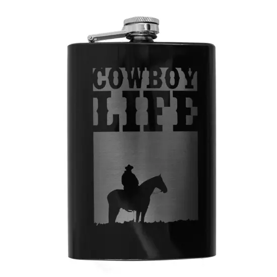 8oz BLACK Cowboy Life Flask {1}
