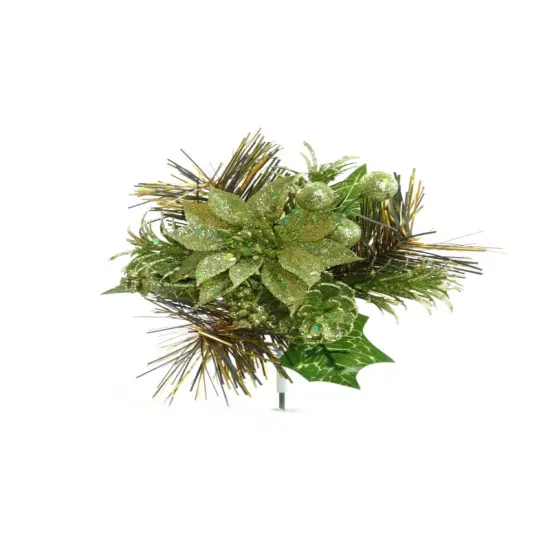 Light Green Pine Pick with Poinsettia Flower, Berries, & Pine Cones | Vibrant Festive Holiday Decor | Trees, Wreaths, & Garlands | Christmas Picks | Home & Office Decor (Set of 72) {1}