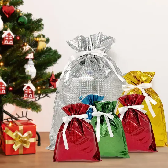 Wrapables Aluminum Foil Hologram Drawstring Gift Bags for Party Favors, Goodie Bag, Treats, Gift Wrap, Parties (Set of 10), Solid Color {4}