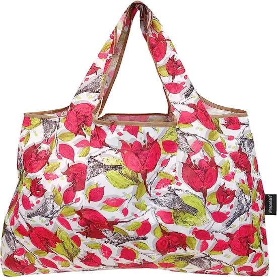 Wrapables Large Foldable Tote Nylon Reusable Grocery Bag, 3 Pack Pink Floral Bloom {3}