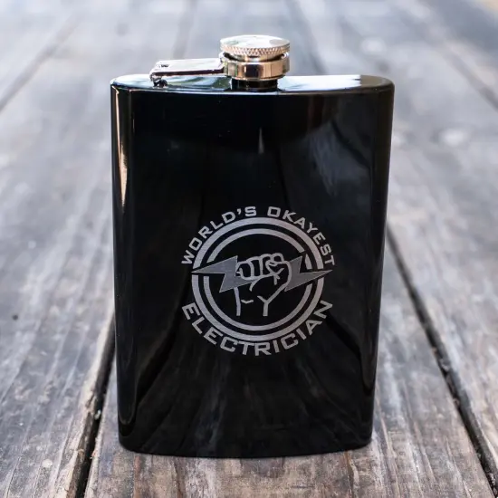 8oz BLACK World's Okayest Electrician Flask {2}