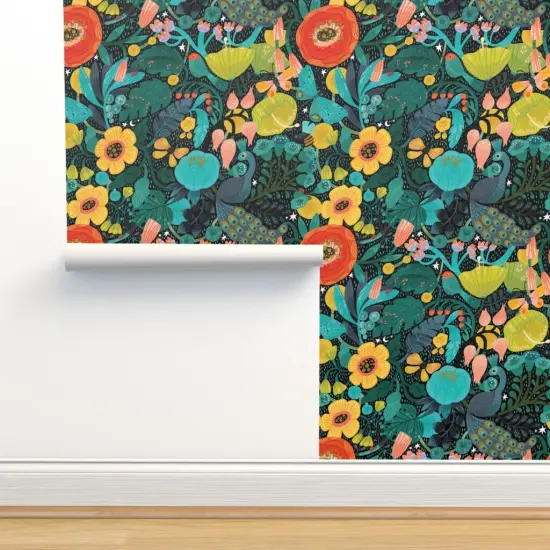 Peel & Stick Wallpaper 2FT Wide Mod Peacock Colorful Nature Floral Exotic Animal Boho Forest Modern Bird Custom Removable Wallpaper by Spoonflower {2}