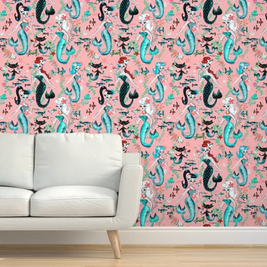 Peel & Stick Wallpaper 2FT Wide Martini Mermaids Coral Vintage Mermaid Retro Nautical Mid Century Ocean Princess Custom Removable Wallpaper by Spoonflower {5}