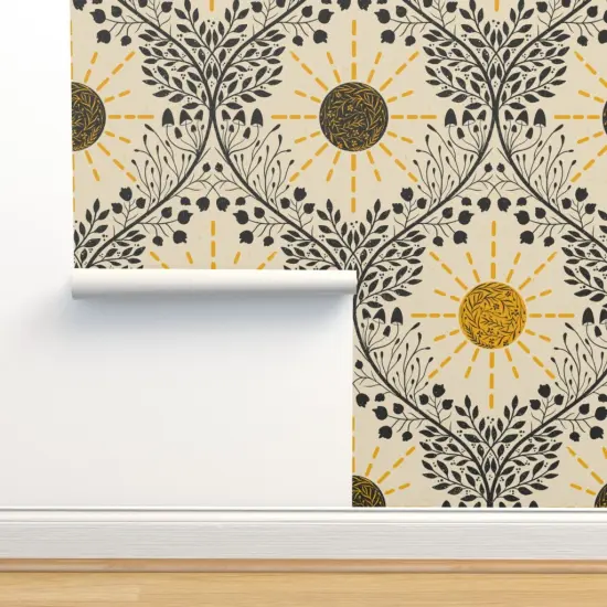 Peel & Stick Wallpaper 2FT Wide Retro Boho Sun Retro Sun Mushroom Organic Mushrooms Sunshine Botanical Ogee Weather Textured Yellow And Black Flowers Custom Removable Wallpaper by Spoonflower {2}