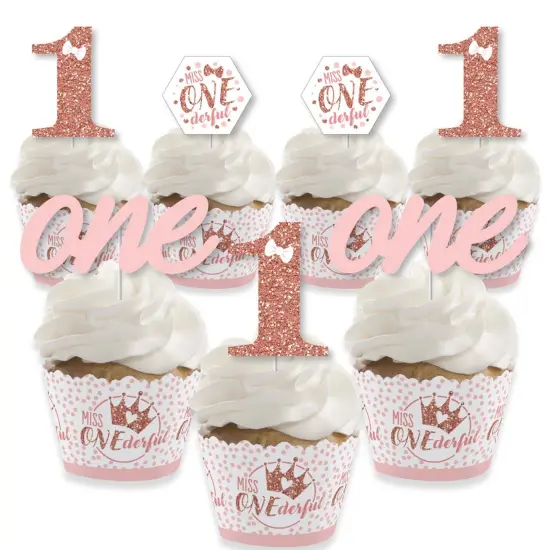 Big Dot of Happiness 1st Birthday Little Miss Onederful - Cupcake Decor - Girl First Birthday Party Cupcake Wrappers and Treat Picks Kit - Set of 24 {1}