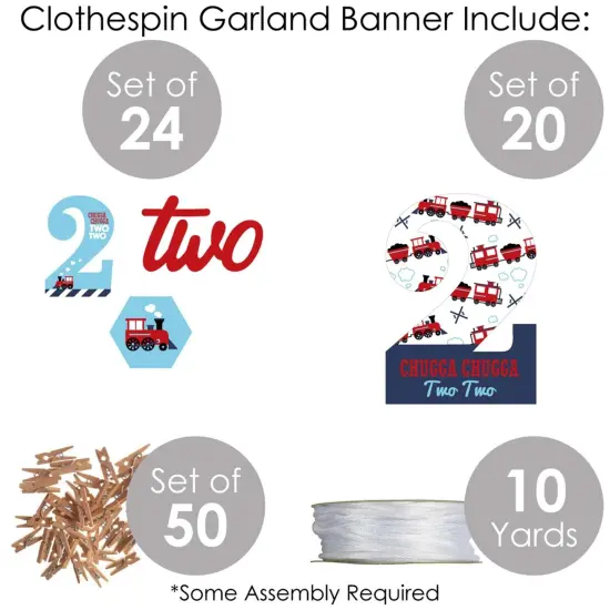 Big Dot of Happiness 2nd Birthday Railroad Party Crossing - Chugga Chugga Two Two - Train Birthday Party Decor - Clothespin Garland Banner - 44 Pieces {6}