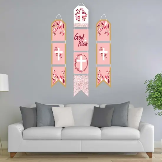 Big Dot of Happiness Pink Elegant Cross - Hanging Vertical Paper Door Banners - Girl Religious Party Wall Decoration Kit - Indoor Door Decor {3}