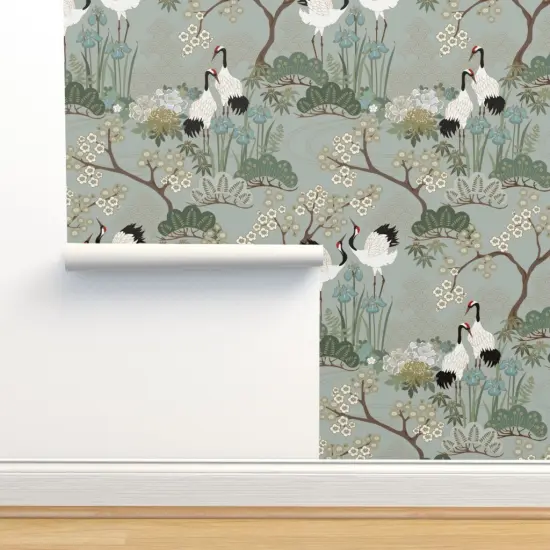Pre-Pasted Wallpaper 2FT Wide Crane Chinoiserie Sakura Cherry Blossom Floral Birds And Flowers Gardens Custom Pre-pasted Wallpaper by Spoonflower {2}