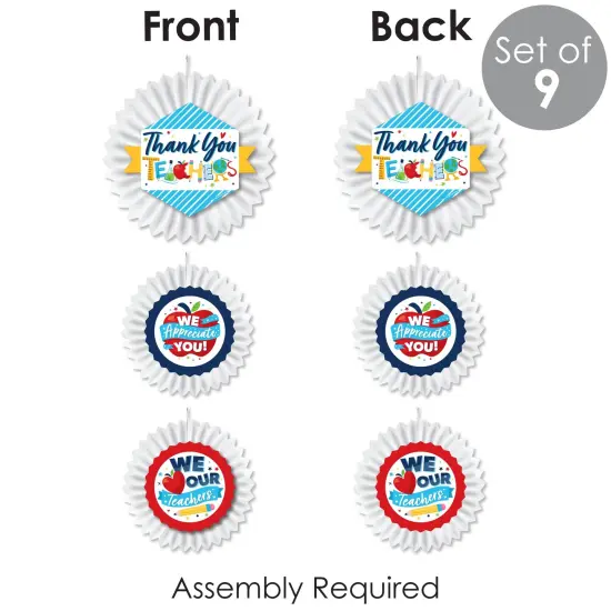 Big Dot of Happiness Thank You Teachers - Hanging Teacher Appreciation Tissue Decoration Kit - Paper Fans - Set of 9 {7}