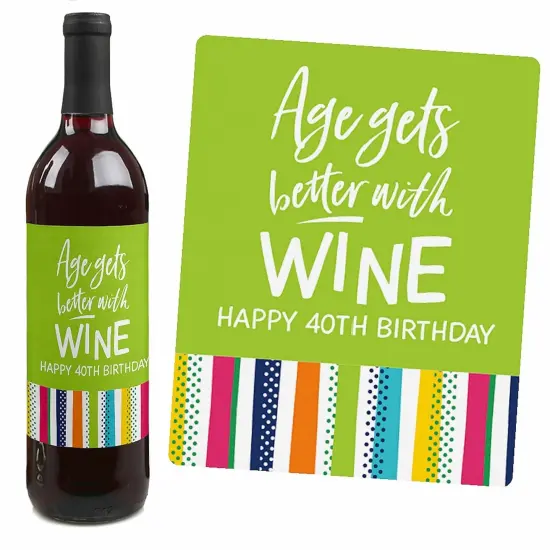 Big Dot of Happiness 40th Birthday - Cheerful Happy Birthday - Colorful Fortieth Birthday Party Decor - Wine Bottle Label Stickers - Set of 4 {4}