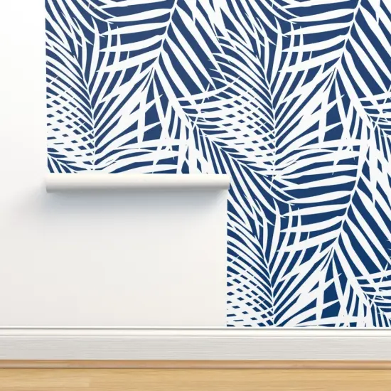 Peel & Stick Wallpaper 2FT Wide Silhouette Navy Palm Summer Tropical Blue And White Coastal Fronds Leaf Custom Removable Wallpaper by Spoonflower {2}