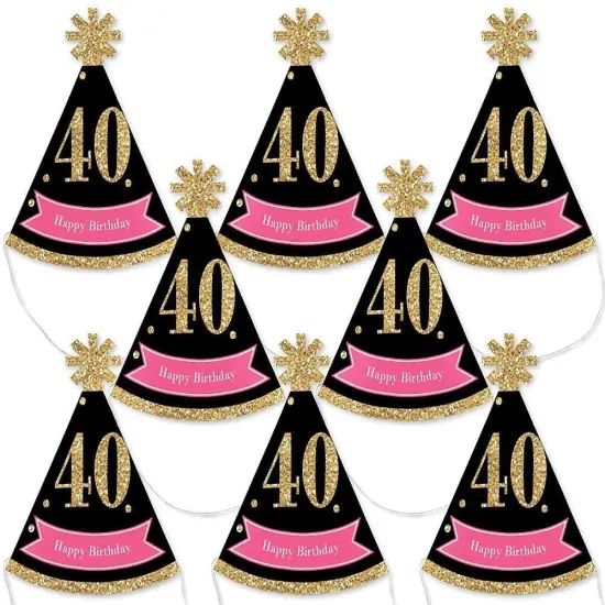 Big Dot of Happiness Chic 40th Birthday - Pink, Black and Gold - Mini Cone Birthday Party Hats - Small Little Party Hats - Set of 8 {1}