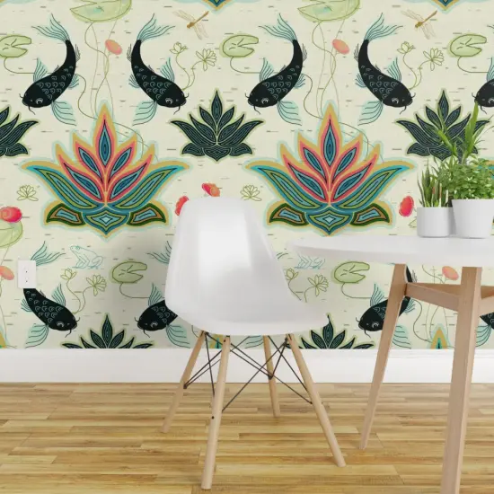 Pre-Pasted Wallpaper 2FT Wide Lotus Damask Koi Fish Black Green Teal Japanese Pond Oriental Asia Beige Pink Water Custom Pre-pasted Wallpaper by Spoonflower {1}