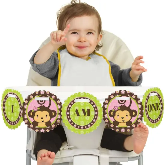 Big Dot of Happiness Pink Monkey Girl 1st Birthday Highchair Decor - I Am One - First Birthday High Chair Banner {1}