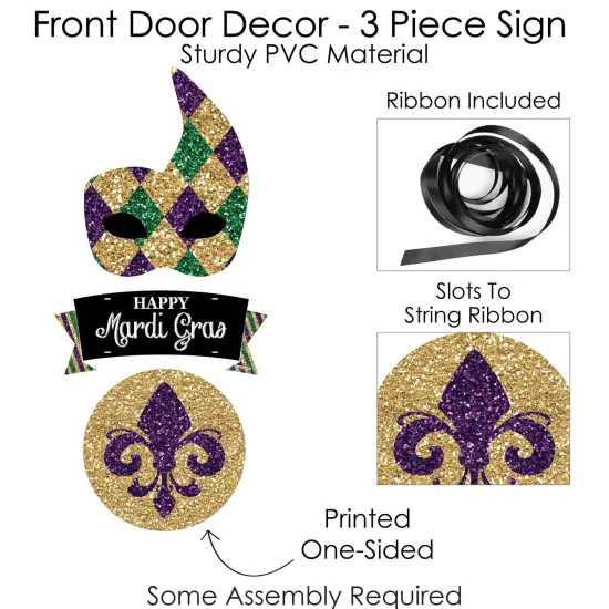 Big Dot of Happiness Mardi Gras - Hanging Porch Masquerade Party Outdoor Decorations - Front Door Decor - 3 Piece Sign {6}