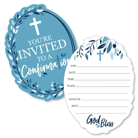 Big Dot of Happiness Confirmation Blue Elegant Cross - Shaped Fill-in Invitations - Boy Religious Party Invitation Cards with Envelopes - Set of 12 {1}
