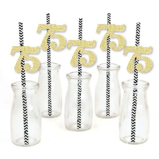 Big Dot of Happiness Gold Glitter 75 Party Straws - No-Mess Real Gold Glitter Cut-Out Numbers & Decorative 75th Birthday Party Paper Straws - 24 Ct {3}