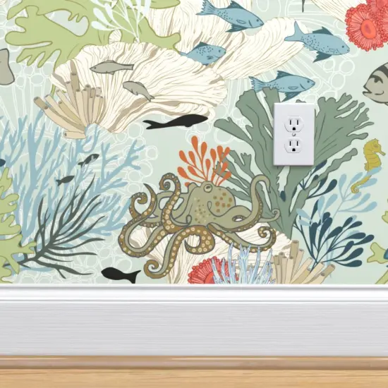 Peel & Stick Wallpaper 2FT Wide Coral Reef Sea Life Nautical Aqua Fish Beach Ocean Octopus Custom Removable Wallpaper by Spoonflower {4}