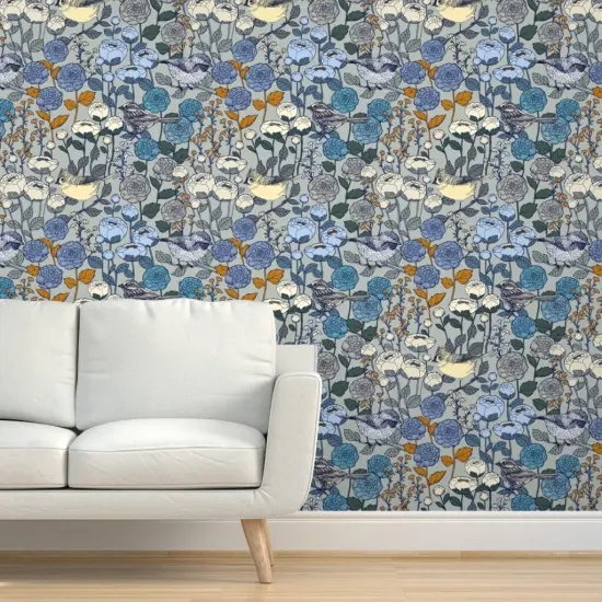 Peel & Stick Wallpaper 2FT Wide Winter Garden Birds Flowers Snow Day Floral Silver Landscape Botanical Blooms Wedding Custom Removable Wallpaper by Spoonflower {5}