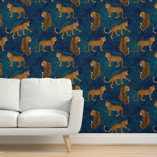 Pre-Pasted Wallpaper 2FT Wide Leopard Print Blue And Teal Maximalist Animalier Exotic Animal Monstera Leaves Custom Pre-pasted Wallpaper by Spoonflower {5}