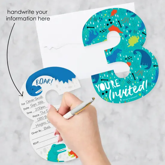 Big Dot of Happiness 3rd Birthday Roar Dinosaur - Shaped Fill-In Invites - Three Rex Dino Third Birthday Party Invitation Cards with Envelopes - 12 Ct {3}