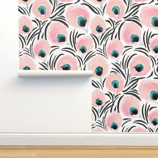 Pre-Pasted Wallpaper 2FT Wide Feather Flowers Floral Art Deco Soft Pastel Blush Pink White Turquoise Black Custom Pre-pasted Wallpaper by Spoonflower {2}
