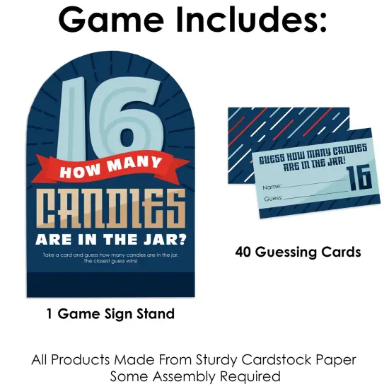 Big Dot of Happiness Boy 16th Birthday - How Many Candies Sweet Sixteen Birthday Party Game - 1 Stand and 40 Cards - Candy Guessing Game {4}
