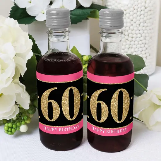 Big Dot of Happiness Chic 60th Birthday - Pink, Black and Gold - Mini Wine and Champagne Bottle Label Stickers - Birthday Party Favor Gift - Set of 16 {6}