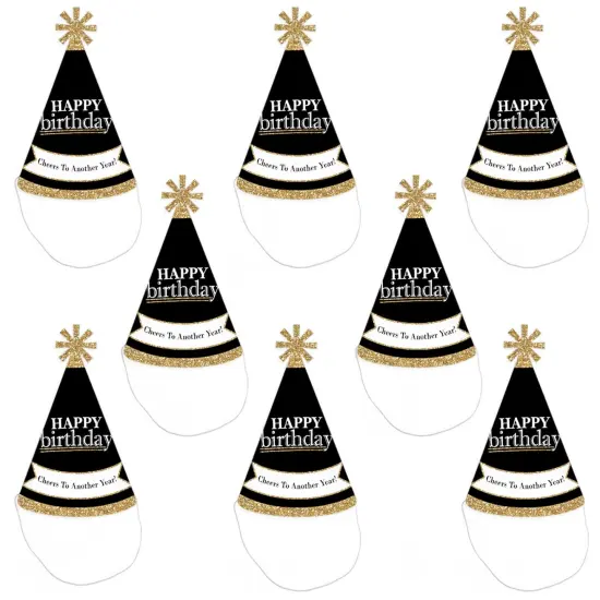 Big Dot of Happiness Adult Happy Birthday - Gold - Cone Birthday Party Hats for Kids and Adults - Set of 8 (Standard Size) {7}