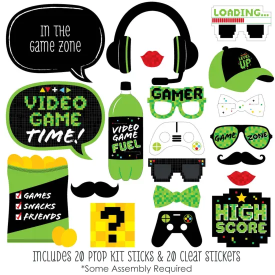 Big Dot of Happiness Game Zone - Pixel Video Game Party or Birthday Party Photo Booth Props Kit - 20 Count {3}