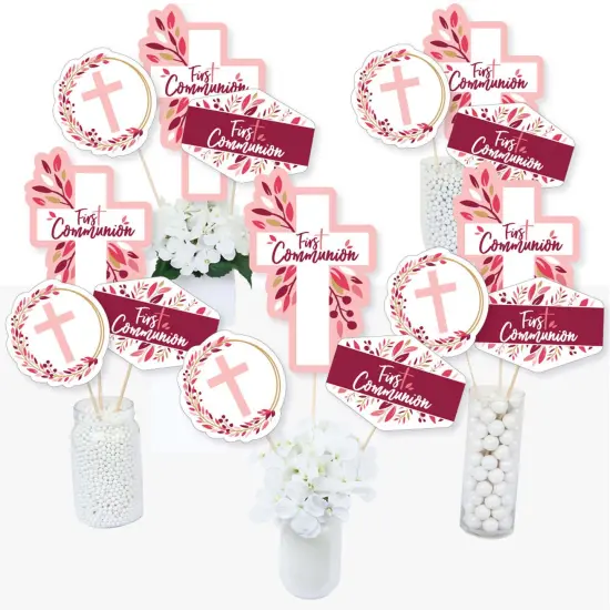 Big Dot of Happiness First Communion Pink Elegant Cross - Girl Religious Party Centerpiece Sticks - Table Toppers - Set of 15 {3}