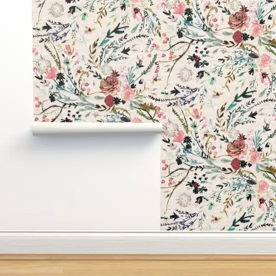 Peel & Stick Wallpaper 2FT Wide Romantic Floral Woven Look Watercolor Blooms Feminine Flowers Botanical Custom Removable Wallpaper by Spoonflower {2}