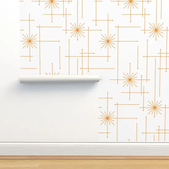Peel & Stick Wallpaper 2FT Wide Mid Century Atomic Starbursts White Orange Stars Abstract Modern Bold Sun Custom Removable Wallpaper by Spoonflower {2}