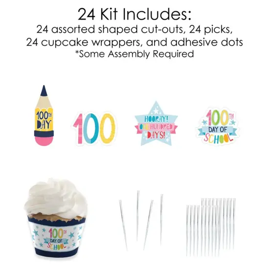 Big Dot of Happiness Happy 100th Day of School - Cupcake Decoration - 100 Days Party Cupcake Wrappers and Treat Picks Kit - Set of 24 {6}