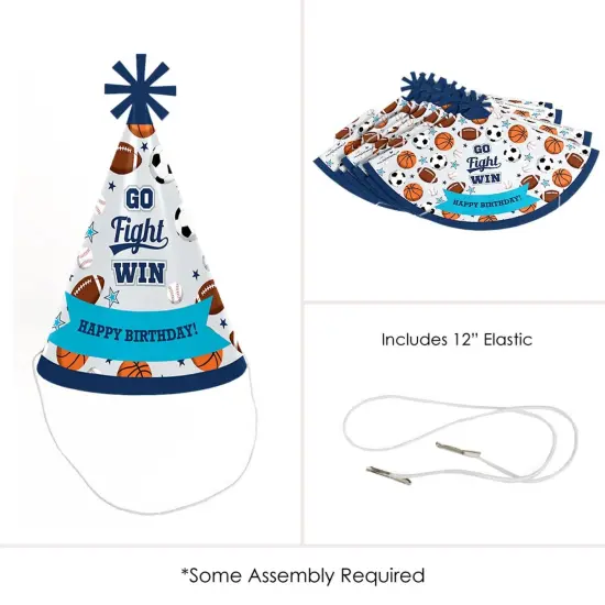 Big Dot of Happiness Go, Fight, Win - Sports - Cone Happy Birthday Party Hats for Kids and Adults - Set of 8 (Standard Size) {6}