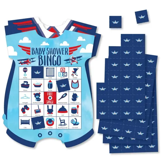 Big Dot of Happiness Taking Flight - Airplane - Picture Bingo Cards and Markers - Vintage Plane Baby Shower Shaped Bingo Game - Set of 18 {1}