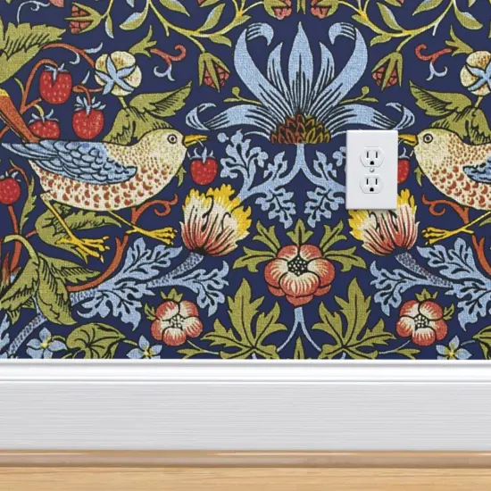 Pre-Pasted Wallpaper 2FT Wide Strawberry Bright Blue Medium Bird Floral Damask Custom Pre-pasted Wallpaper by Spoonflower {4}