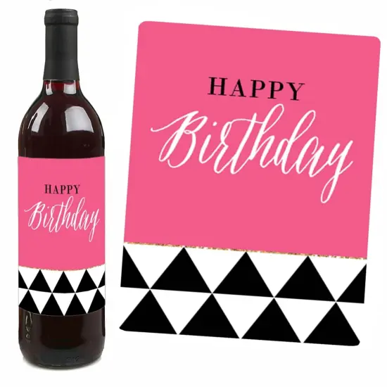 Big Dot of Happiness Chic Happy Birthday - Pink, Black and Gold - Birthday Gift For Women - Wine Bottle Label Stickers - Set of 4 {7}