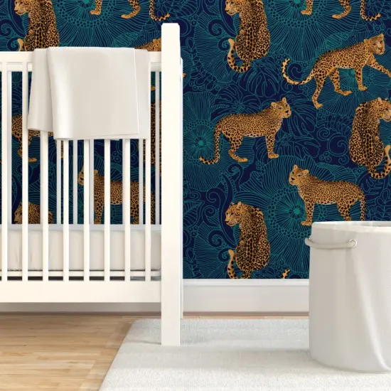 Pre-Pasted Wallpaper 2FT Wide Leopard Print Blue And Teal Maximalist Animalier Exotic Animal Monstera Leaves Custom Pre-pasted Wallpaper by Spoonflower {7}