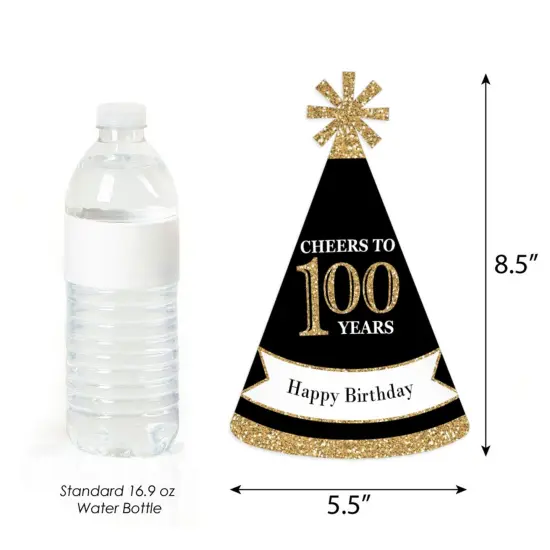Big Dot of Happiness Adult 100th Birthday - Gold - Cone Birthday Party Hats for Adults - Set of 8 (Standard Size) {4}