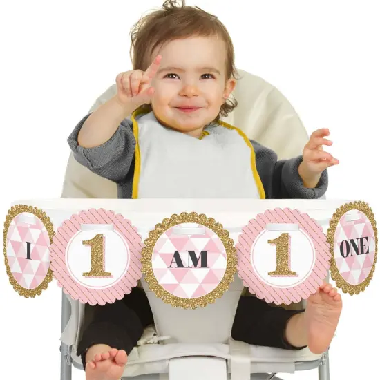 Big Dot of Happiness 1st Birthday Girl - Fun to be One Highchair Decor - I Am One - First Birthday High Chair Banner {1}