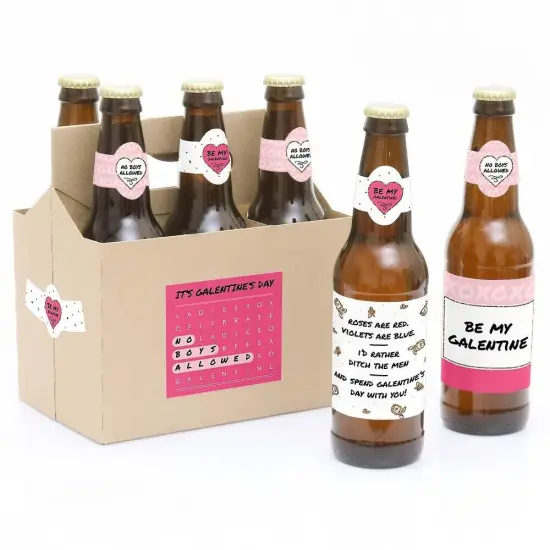 Big Dot of Happiness Be My Galentine - Valentine's Day Decorations for Women and Men - 6 Beer Bottle Label Stickers and 1 Carrier {1}