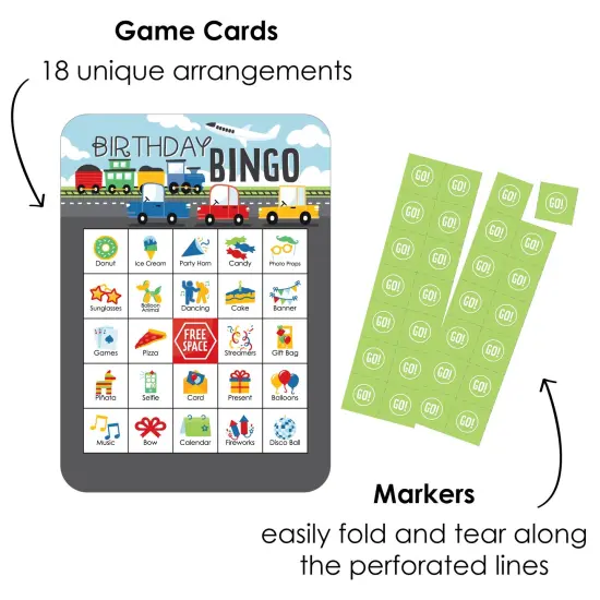 Big Dot of Happiness Cars, Trains, and Airplanes - Picture Bingo Cards and Markers - Transportation Birthday Party Shaped Bingo Game - Set of 18 {3}
