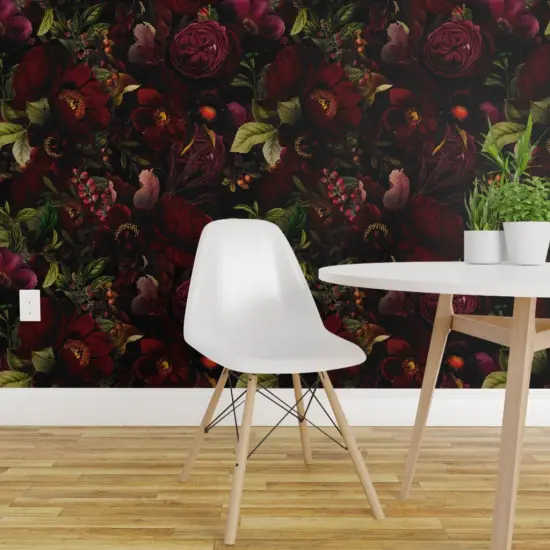 Pre-Pasted Wallpaper 2FT Wide Vintage Botanical Dark Chintz Gothic Victorian Moody Romantic Redoute Roses Large Scale Custom Pre-pasted Wallpaper by Spoonflower {1}