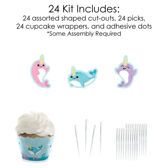 Big Dot of Happiness Narwhal Girl - Cupcake Decoration - Under The Sea Baby Shower or Birthday Party Cupcake Wrappers and Treat Picks Kit - Set of 24 {6}