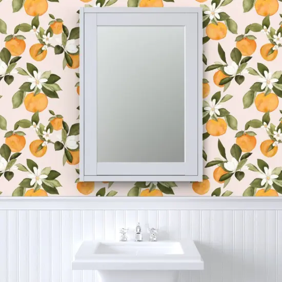 Peel & Stick Wallpaper 2FT Wide Orange Blossom Pink Oranges Blossoms Spring Fruit Summer Citrus Custom Removable Wallpaper by Spoonflower {6}