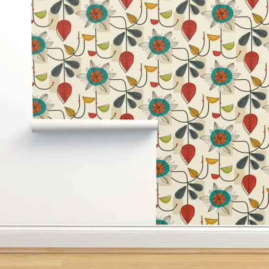 Pre-Pasted Wallpaper 2FT Wide Mid Century Retro Floral Block Colour Cream Beige Geometric Shapes Atomic Age Custom Pre-pasted Wallpaper by Spoonflower {2}