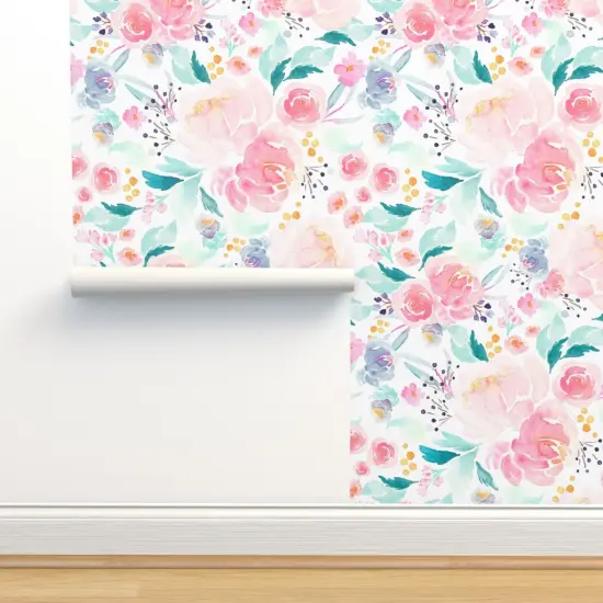 Peel & Stick Wallpaper 2FT Wide Blooms, Mermaid Lagoon, Floral, Pink, Peach, Spring, Girls Room, Nursery Custom Removable Wallpaper by Spoonflower {2}