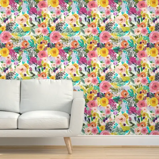 Pre-Pasted Wallpaper 2FT Wide Watercolor Floral Botanical Spring Nursery Roses Foliage Large Scale Custom Pre-pasted Wallpaper by Spoonflower {5}
