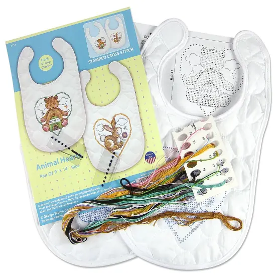 Design Works Stamped Bib Cross Stitch Kit 9"X14" 2/Pkg-Animal Hearts {4}